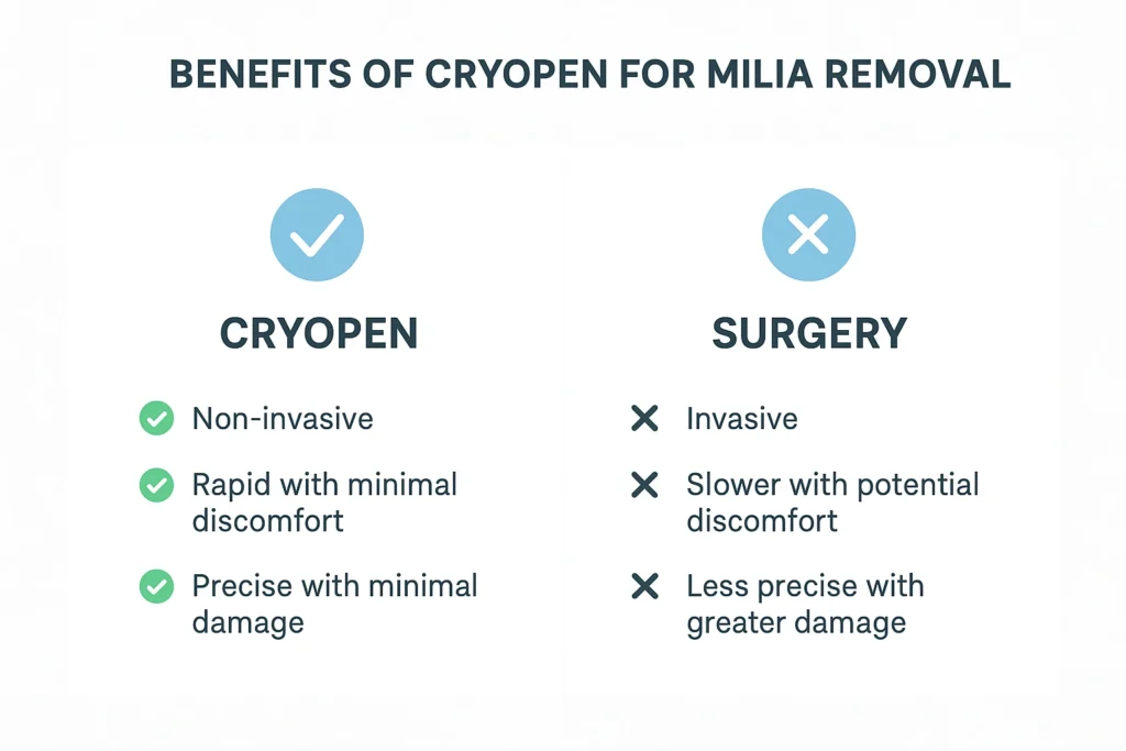 Benefits of cryopen for milia removal Greater London (Barnet) compared to surgical treatments.